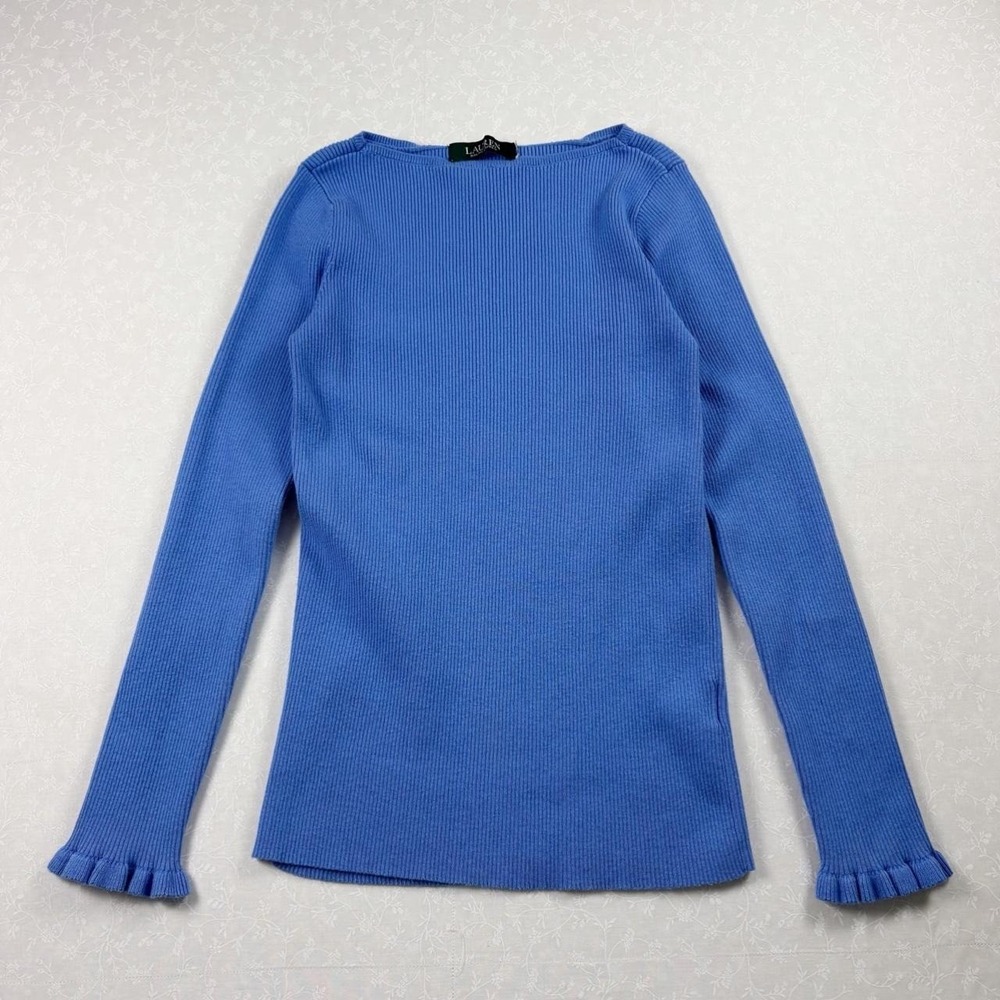 Vintage Preppy Lauren Ralph Lauren Blue Ribbed Ruffle Cuff Sweater- Best for XS